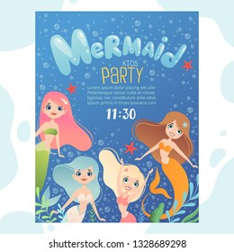 Mermaid party invitation. Design template invite kids birthday cards with funny underwater characters fish and young mermaid princess