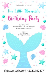 Mermaid party invitation template. Cute illustration of mermaid tail, sea shells and star fish. Birthday concept. Vector 10 EPS.