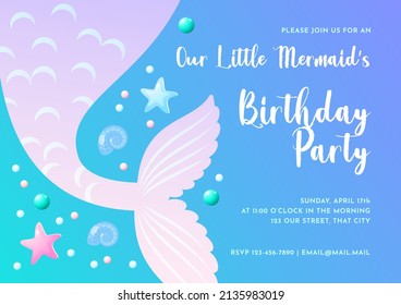 Mermaid party invitation template. Cute illustration of mermaid tail, sea shells and star fish. Birthday concept. Vector 10 EPS.