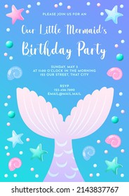 Mermaid party invitation template. Cute illustration of mermaid tail, sea shells and star fish. Birthday concept. Vector 10 EPS.