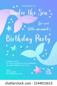 Mermaid party invitation template. Cute illustration of mermaid tail, sea shells and star fish. Birthday concept. Vector 10 EPS.