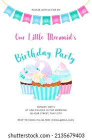 Mermaid party invitation template. Illustration of three creamy cupcakes and bunting flags. Birthday concept. Vector 10 EPS.