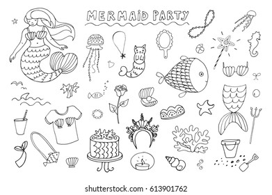 mermaid party line objects vector set