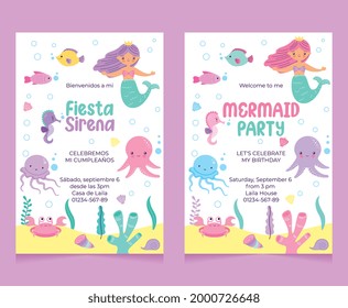 mermaid party with sea bottom with marine animals. vector illustration