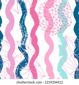 Mermaid pastel minimal seamless pattern with ink brush ornaments. Geometric texture. Abstract romantic Scandinavian background. Creative card, poster, paper