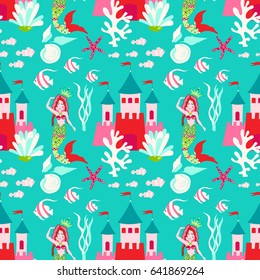 Mermaid pattern with castle. Vector sweet turquoise whimsical underwater background with  plant, sea shell, coral leaf, starfish, anemone and banner fish.