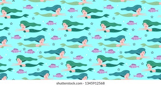 Mermaid pattern with childish drawing colorful trendy vector illustration. Undersea seamless hand drawn funny design for kids and baby fashion textile print.