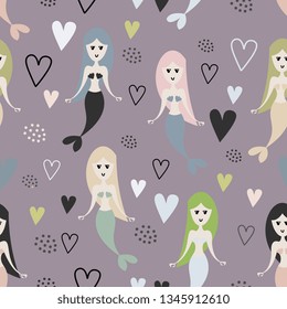 Mermaid pattern with childish drawing colorful trendy vector illustration. Undersea seamless hand drawn funny design for kids and baby fashion textile print.