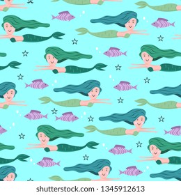 Mermaid pattern with childish drawing colorful trendy vector illustration. Undersea seamless hand drawn funny design for kids and baby fashion textile print.