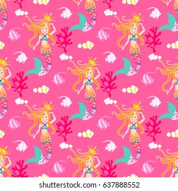 Mermaid pattern design. Vector background nice underwater with fish, plant, sea shell, coral leaf, starfish, anemone and banner fish. Whimsical pattern kids style for fabric, wallpapers...
