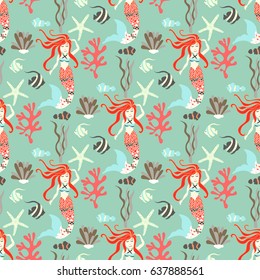 Mermaid pattern design. Vector background nice underwater with fish, plant, sea shell, coral leaf, starfish, anemone and banner fish. Whimsical pattern kids style for fabric, wallpapers...