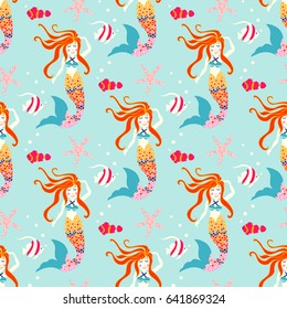Mermaid pattern design. Vector  background nice underwater with starfish, anemone and banner fish. Whimsical pattern kids style for fabric, wallpapers...