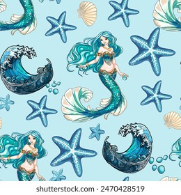 Mermaid pattern. Fish, anchor, Mermaid, octopuses, sharks, whales. Vector seamless pattern with decorative sea elements. Vintage background