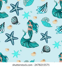 Mermaid pattern. Fish, anchor, Mermaid, octopuses, sharks, whales. Vector seamless pattern with decorative sea elements. Vintage background