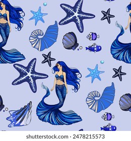 Mermaid pattern. Fish, anchor, Mermaid, octopuses, sharks, whales. Vector seamless pattern with decorative sea elements. Vintage background
