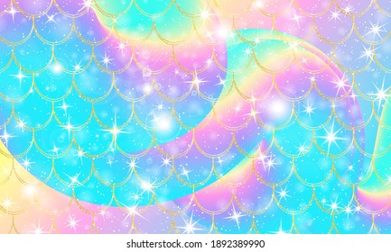 Fondo del arcoiris holográfico. Balanzas de oro. Impresión de sirena.