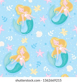 Mermaid pattern on blue background. For kids fashion artwork, children books, prints and fabrics or wallpapers. Design for kids. Fashion illustration drawing in modern style for clothes.