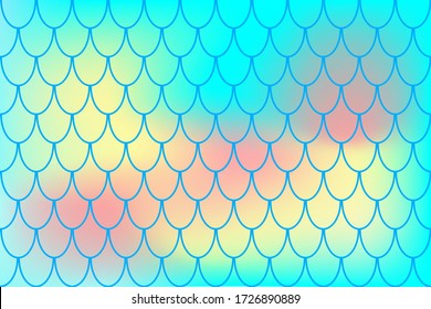Mermaid pattern on blue red color gradient. Fish skin print. Abstract background with fishscale pattern. Summer party banner template. Optimistic backdrop for surface design. Marine fish scale card
