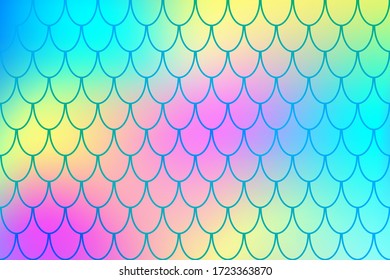 Mermaid pattern on color gradient. Rainbow fish skin print. Abstract background with fishscale pattern. Summer party banner template. Optimistic backdrop for surface design. Marine fish scale card
