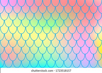 Mermaid pattern on color gradient. Fish skin mermaid print. Abstract background with fishscale pattern. Summer party banner template. Optimistic backdrop for surface design. Marine fish scale card