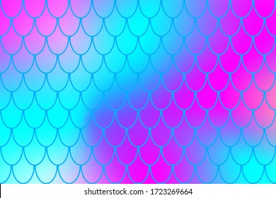 Mermaid pattern on neon color gradient. Shiny fish skin print. Abstract background with fishscale pattern. Summer party banner template. Optimistic backdrop for surface design. Marine fish scale card