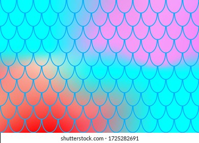 Mermaid pattern on red blue color gradient. Fish skin print. Abstract background with fishscale pattern. Summer party banner template. Optimistic backdrop for surface design. Marine fish scale card