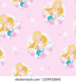 Mermaid pattern on turquoise background. For kids fashion artwork, children books, prints and fabrics or wallpapers. Girl print. Design for kids. Fashion illustration drawing in modern style for cloth