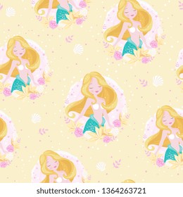 Mermaid pattern on yellow background. For kids fashion artwork, children books, prints and fabrics or wallpapers. Girl print. Design for kids. Fashion illustration drawing in modern style for clothes.