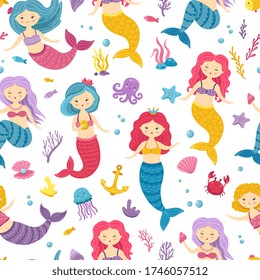 Mermaid pattern. Printable underwater mermaids background. Cute nursery print with ocean princesses. Sea fairies vector seamless texture