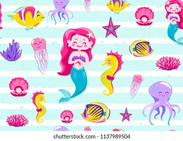 Mermaid pattern seamless vector illustration. Endless background for child print with striped white texture, ocean fish, seahorse, jellyfish, star, coral, octopus on light backdrop