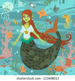Mermaid pattern. The vector pattern with cute young mermaid and ocean stuff for games presentations, ui tablets, smart phones.