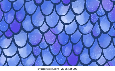Mermaid pattern, watercolor scale texture. Blue hand painted fish tail underwater seamless vector background.