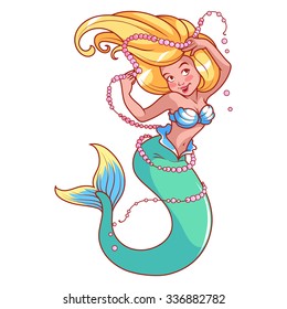 Mermaid with pearls in her hand. Vector cartoon character on a white background.