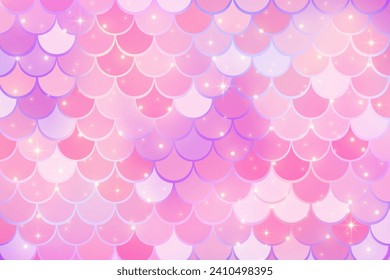 Mermaid pink background with scale and stars. Iridescent glitter fish tail pattern. Kawaii vector texture. Vector