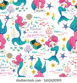mermaid mermaid pink and green tone with under sea life  illustration 
 cartoon doodle design for seamless pattern vector with white background