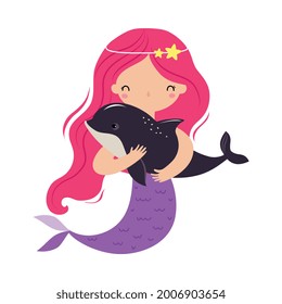 Mermaid with Pink Hair Floating Underwater with Dolphin Vector Illustration