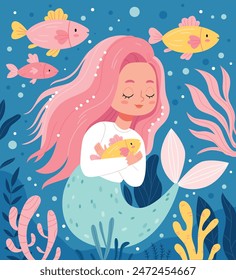 A mermaid with pink hair hugs a goldfish.corals, marine collection, vector illustration, lovely mermaid graphic for kids prints, t shirts, wallpapers, birthday cards, children products