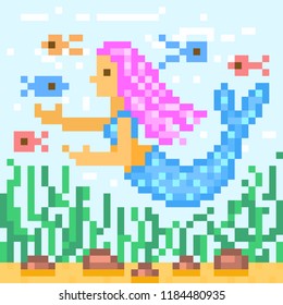 Mermaid with pink hair swimming with fishes underwater, pixel art character. Magic water nymph, cartoon fantasy girl. Old school 8 bit slot machine pictogram. Retro 80s; 90s video game graphics