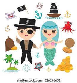 Mermaid with pirate card banner design copy space, pirate boat with sail, gold coins crab octopus starfish island with palm trees anchor compass anchor helm treasures on white background. Vector
