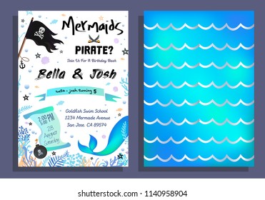 Mermaid and pirate party invitation with holographic background, mermaid tail, pirate flag and doodles. Vector Birthday card for little pirate boy and mermaid girl