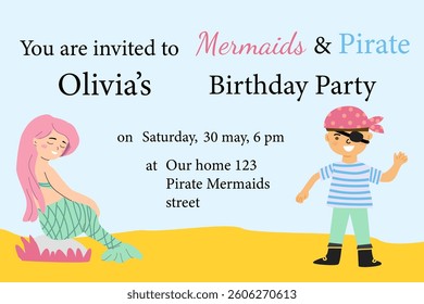 Mermaid and pirate themed children's birthday party invitation.