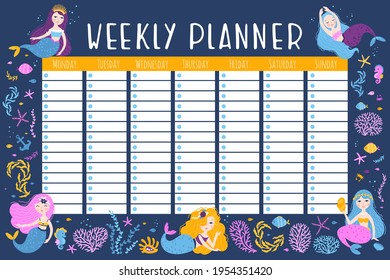 Mermaid planner for a week. Vector illustrations of cute fantastic girls characters in a simple hand-drawn cartoon style surrounded by marine life, corals, seashells, algae. Colorful palette