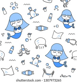 Mermaid in the plastic sea seamless pattern