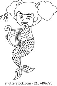 Mermaid play the harp black and white doodle character illustration