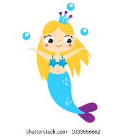 Mermaid playing with bubbles. Cute cartoon smiling mermaid character for scrapbook, cards, blogging, mobile games for children and kids