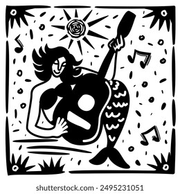 Mermaid playing guitar. Brazilian northeast cordel woodcut illustration.