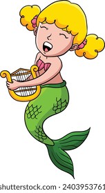 Mermaid Playing Harp Cartoon Colored Clipart 