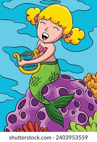 Mermaid Playing Harp Colored Cartoon Illustration