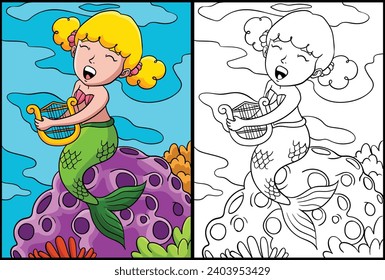 Mermaid Playing Harp Coloring Page Illustration