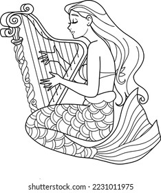 A mermaid playing the harp isolated on white background,coloring book,coloring page